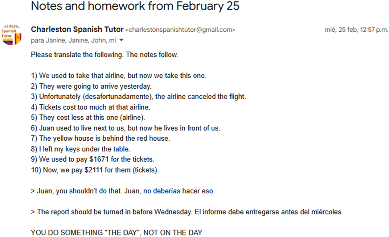 Example of Spanish lesson notes and homework